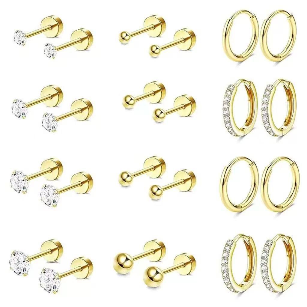Stainless Steel Circle Huggie Hoop Earrings Set for Women Gold Color Unique Zircon Flower Stud Earring Piercing Jewelry