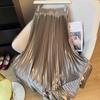 Maxi Skirt High Waist Glossy Long Skirt Solid Color Pleated Design Large Hem Dance Skirt Work Leisure Daily Wear