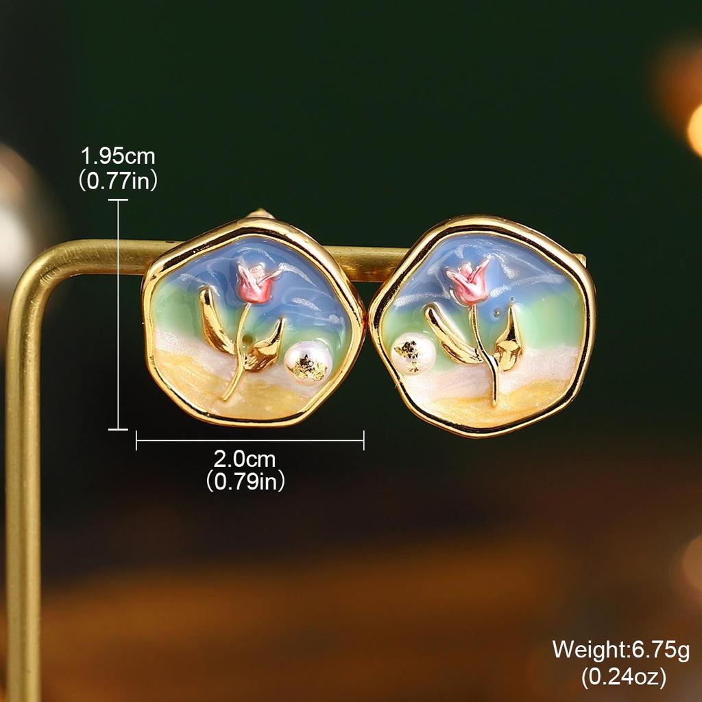 Seria obrazów Van Gogha Moneta: Kolczyki sztyfty z emalią i naturalną perłą w kształcie francuskiego kwiatka, srebro próby 925, kolekcja letnia.