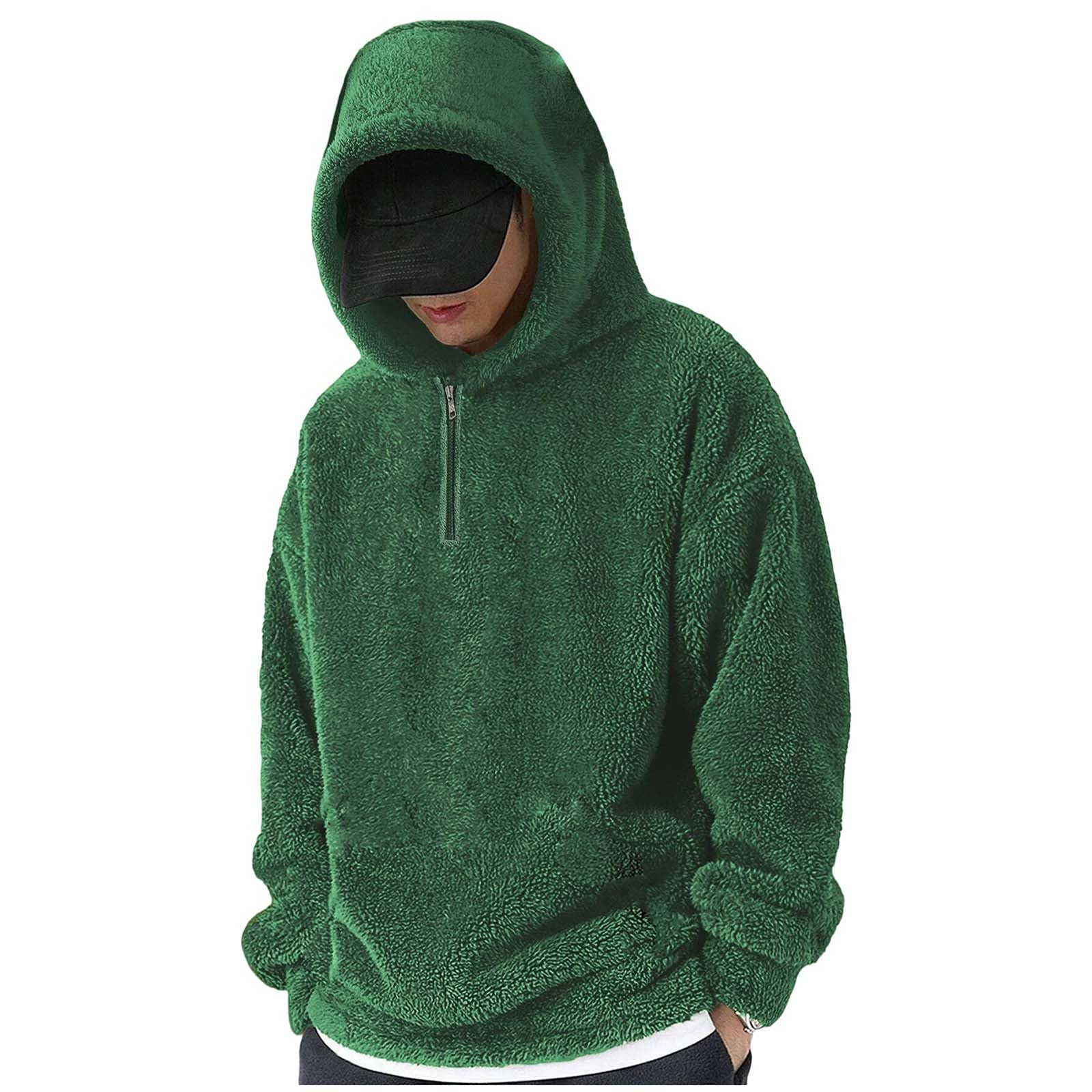Men s Casual Half-zipper Long-sleeved -color Sporty Hooded Coral Fleece Sweatshirt L