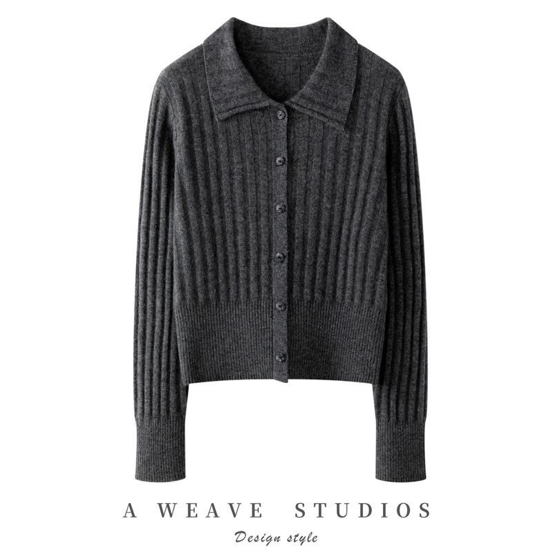 Women's Red Pure Cashmere Ribbed Knit Cardigan - Age-Defying Short Jacket with Lapel (2026)