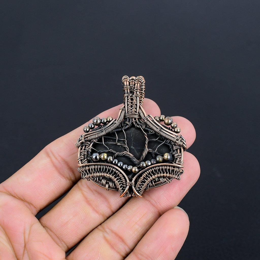 Shungite Pendant, 999 Copper Wire Wrapped Gemstone Jewelry, Handmade Pendant, For Thanksgiving