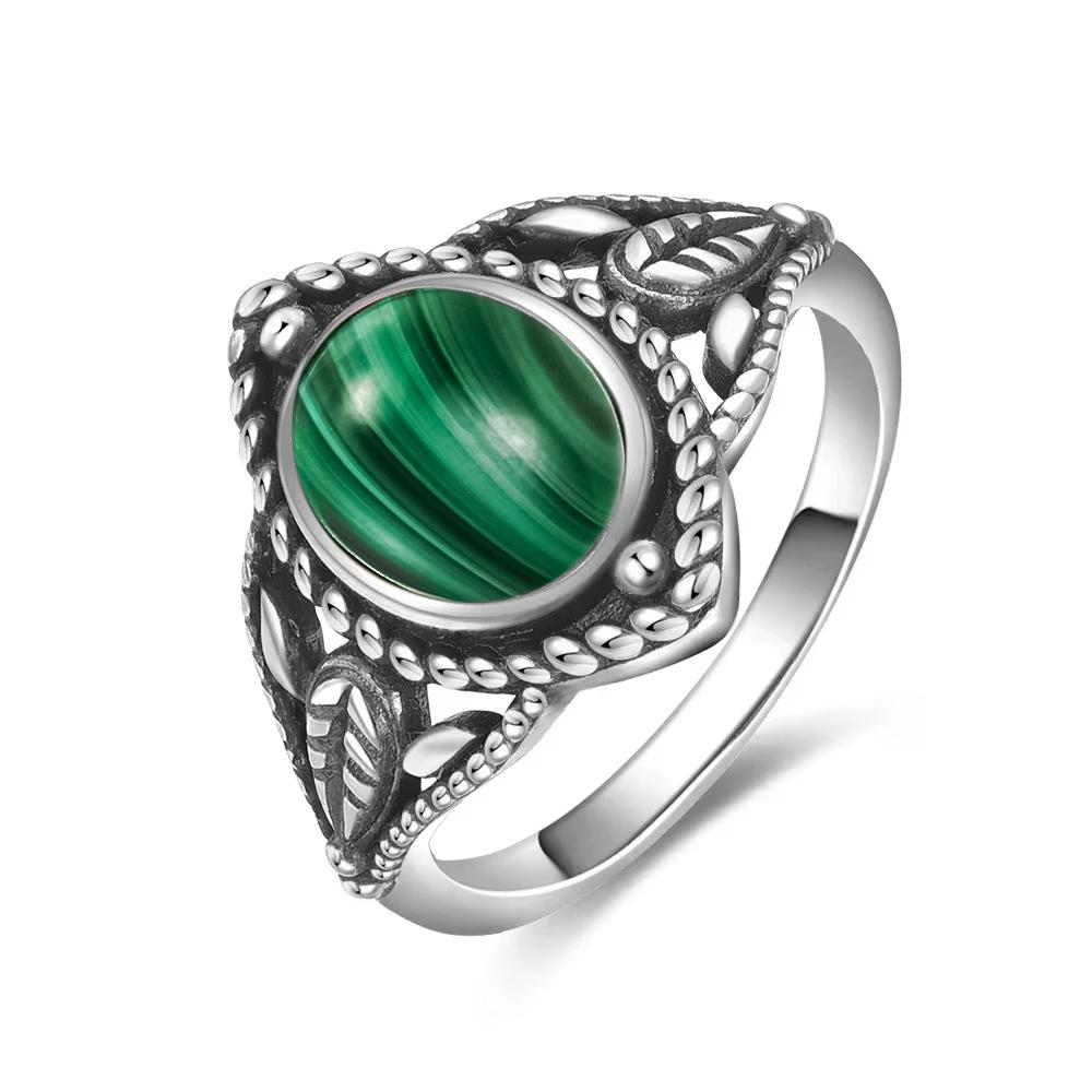 Vintage S925 Silver Ring Oval Round Natural Malachite Ring Sun And Flower Shaped Retro Fine Jewelry For Women Men
