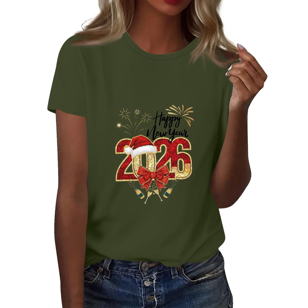 Women's Fashion 2026 New Year Printed Round Neck Short Sleeve Top