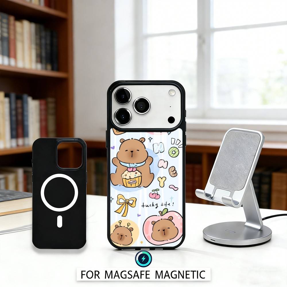 H-Happy C-Cute Capybara Cartoon Phone Case Magnetic For iPhone17 16 15 14 13 12 Pro Max For Magsafe Wireless Charging Cover