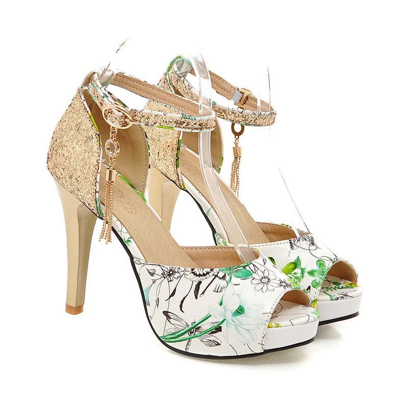 Women Summer Flower Print Shoes Fish Mouth High Heel Ladys Platform Sandals Evening Dress Wedding Shoes Femal Zapatos De Mujer