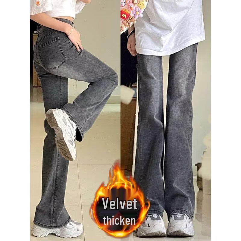 

Женские черно-серые эластичные джинсы с высокой посадкой и микро-клешем, больших размеров, стройнящие, для осени и зимы, прямые штанины, длинные брюки для фигуры типа «груша». XL