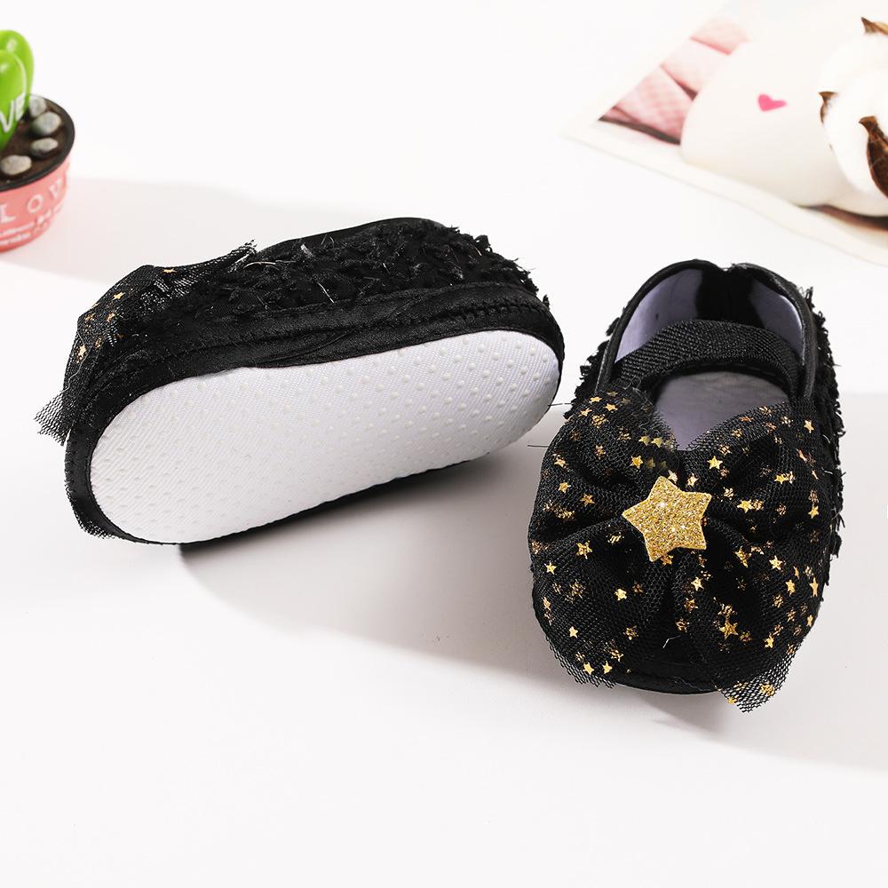 Wwo-piece Set Baby Girls Glitter Star Tulle Bow Crib Shoes & Matching Elastic Headband Set, Soft Dot Anti-Slip Sole Mary Jane Princess Shoes