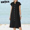 GMXIA Women's Fashion Summer Spring Solid Color Print POLO Neck High Waist Casual Dresses