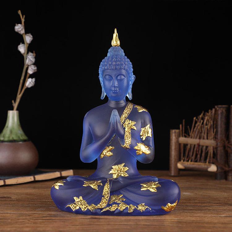 Southeast Asian Indian Seated Buddha Statues in Thai Zen Style Resin Craft Ornaments with Water Glaze. синий