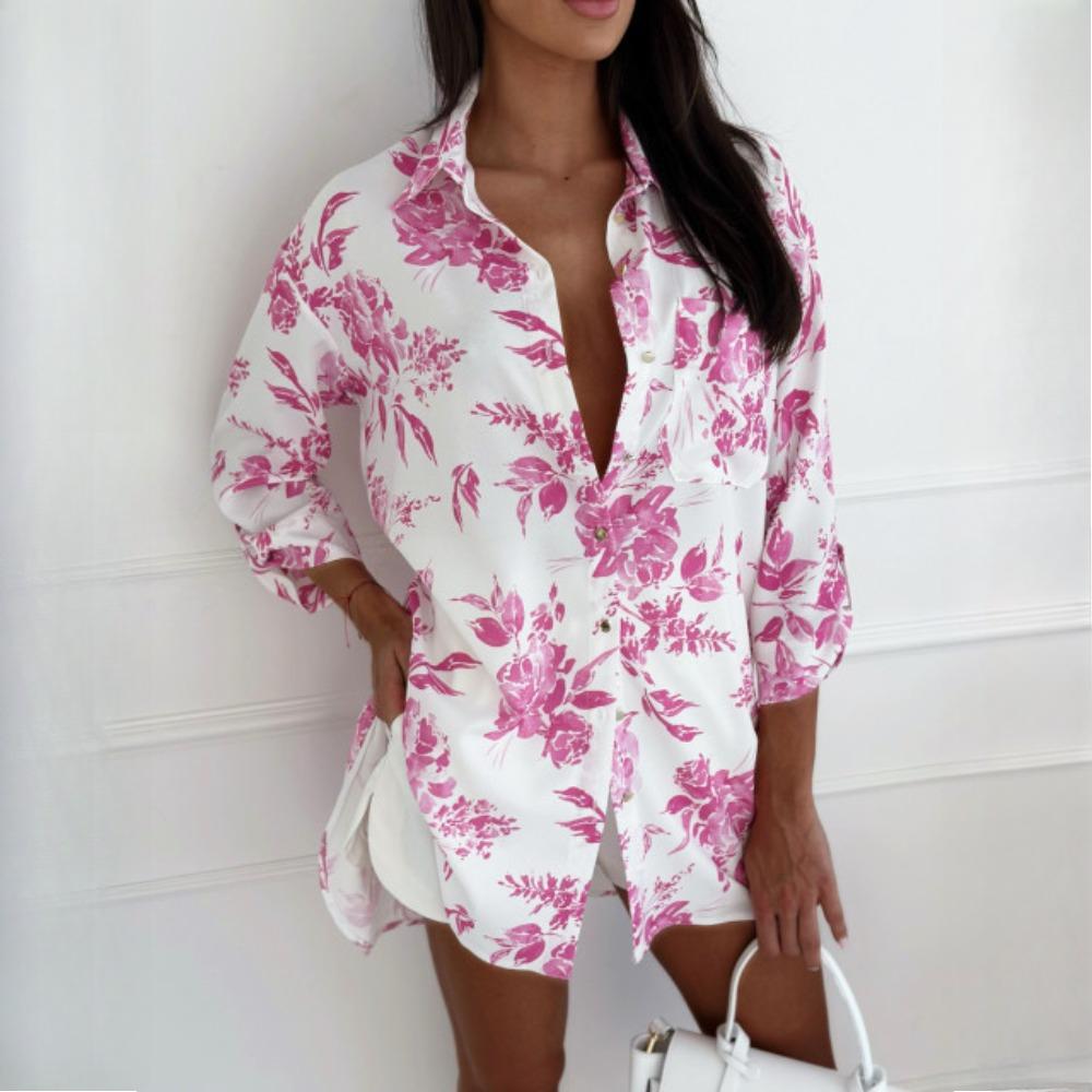 

Женская осенняя модная свободная рубашка с длинным рукавом и воротником-поло с принтом XXL супер-розовый