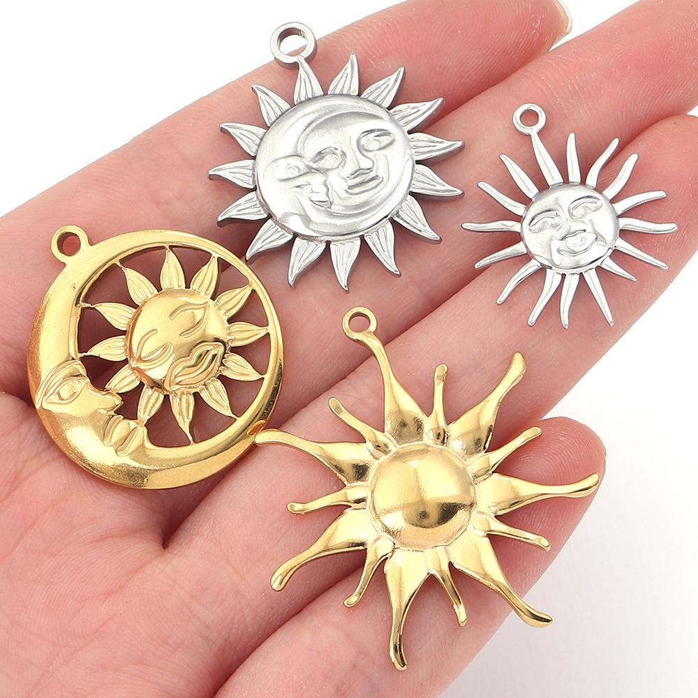 2pcs/lot Stainless Steel Retro Pendant Gold Color Sun Flower Moon Shape Charms For DIY Crafts Necklace Earrings Gift Accessories