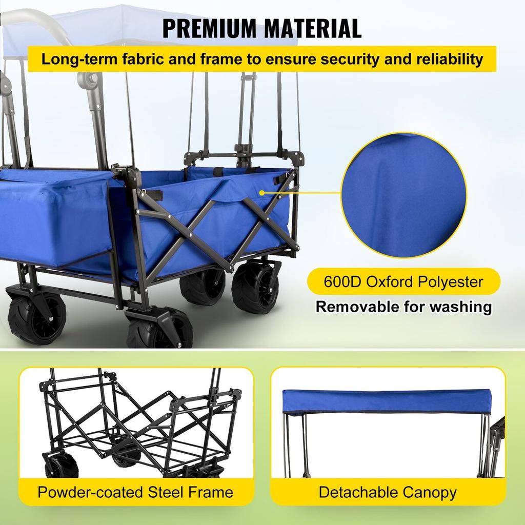 Collapsible Wagon Cart, Foldable Wagon Cart w/ Removable Canopy 600D Oxford Cloth, Collapsible Wagon Oversized Wheels Portable Folding Wagon