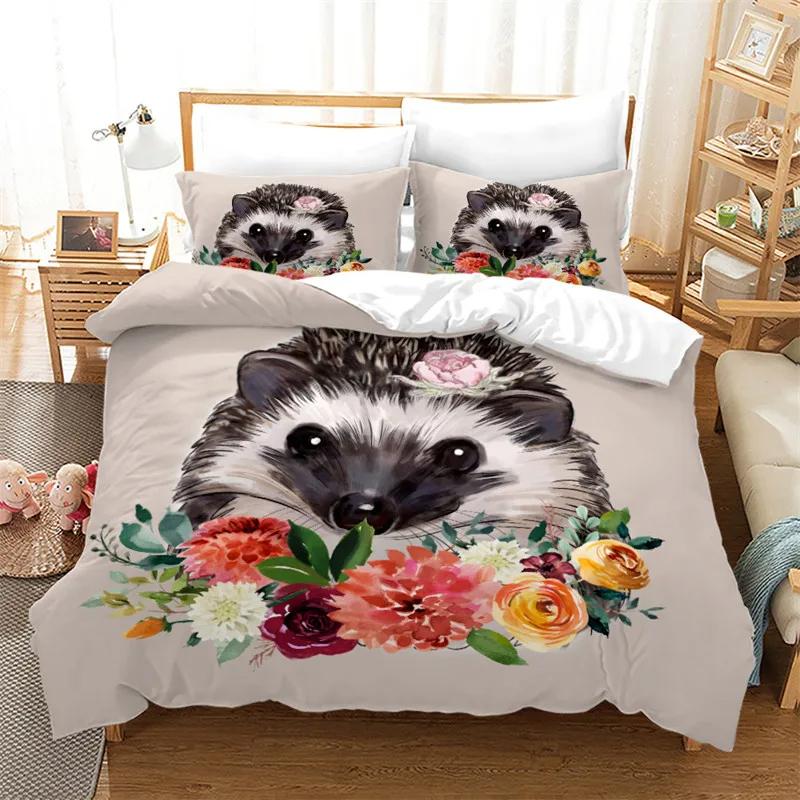 Hedgehog Bedding Set Cute Kawaii Wildlife Comforter Cover With Pillowcases For Boys Girl Polyester Bedding Set King Size