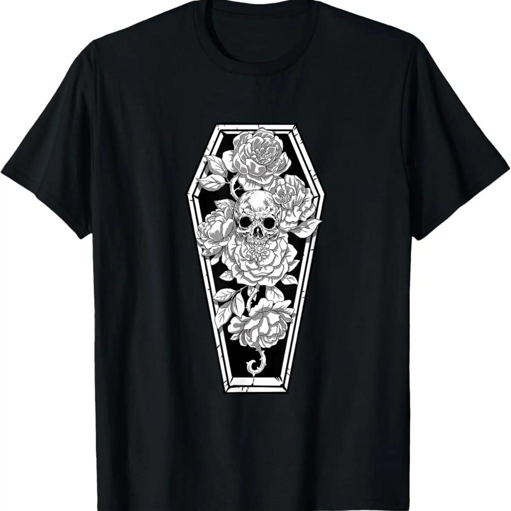 Gothic Skull and Rose Shirt Spooky Halloween Coffin Occult T-Shirt