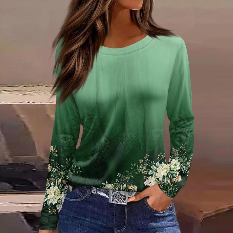 

Осінній жіночий лонгслів з 3D градієнтним квітковим принтом, модний, з довгим рукавом, круглим вирізом, звичайного крою. Одяг для святкових вихідних, весни та осені. 4XL