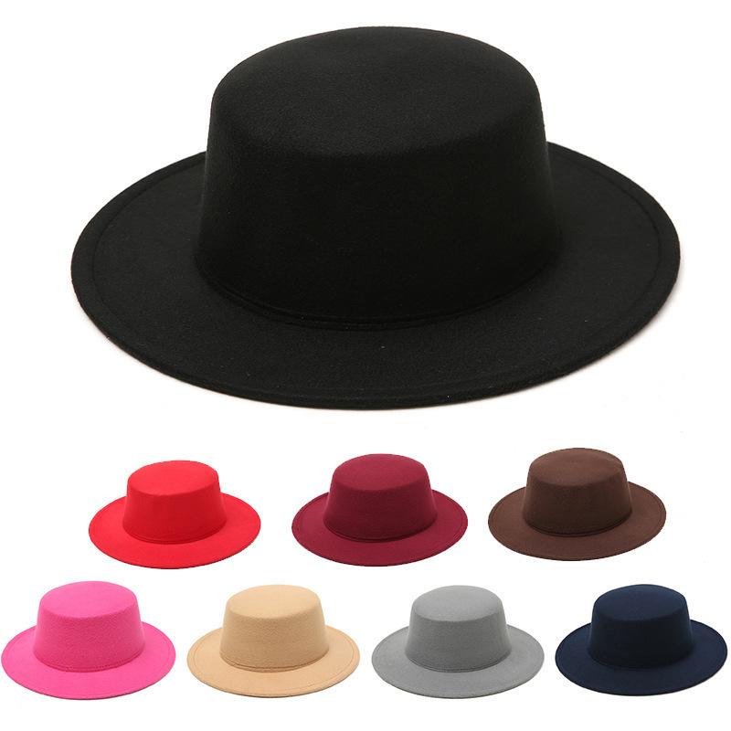 Retro British style flat top top hat couple men and women gentlemen's hat women's autumn and winter big flat brim woolen jazz hat