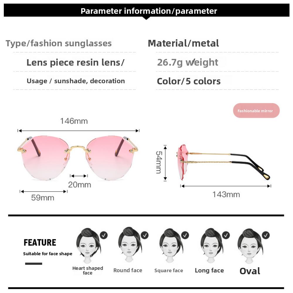 Internet celebrity street shot new polygonal sunglasses women's big face thin marine sunglasses rimless trimmed sunglasses