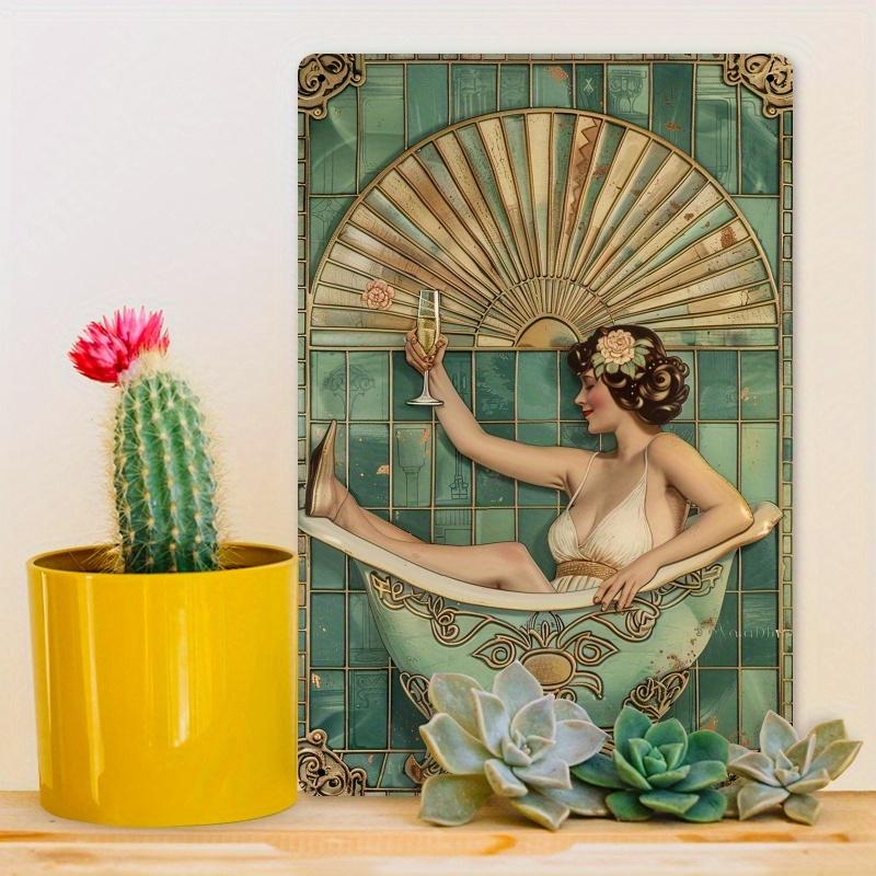 s Elegance Metal Wall Art Retro Tin Sign with Woman in Bathtub Drinking Champagne Vintage Bathroom Decor Unique Home