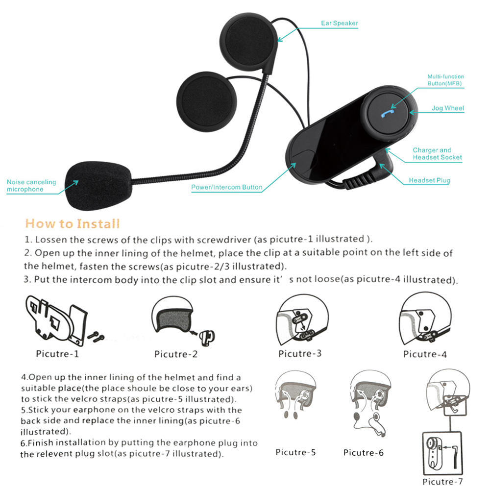 T-com-os Motorcycle Helmet Bluetooth Headset Intercom 100M Interphone Stereo T-com-os Motorcycle Helmet Bluetooth Headset Intercom 100M Interphone Stereo