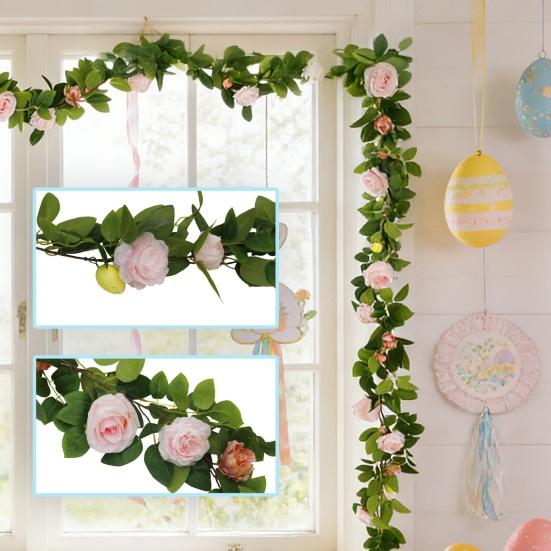 70.8" Artificial Rose Vine Fake Pink Rose Flower Garland with Green Leaves And Easter Eggs Faux Floral Garland for Fireplace