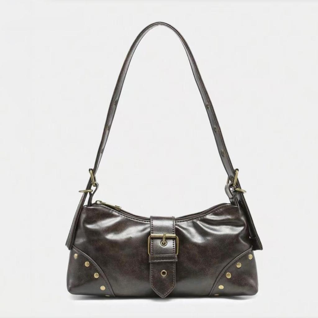 Vintage Distressed Melard Tone Studded Y2K Underarm Shoulder Bag for Women, Fashion Top Handle Handbag, Retro Punk Purse