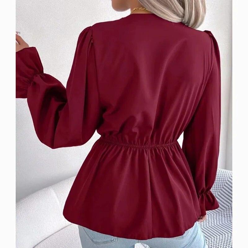Herbst Vintage V-ausschnitt Spitze Frauen Hemd Lässig Feste Flare Hülse Tops Büro Damen Dünne Spitze-up Elegante Bluse frau 29594