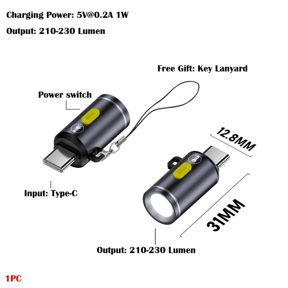 230 High Lumens Type-C Mini Flashlight with Lanyard Portable USB C Emergency Lamp Aluminum Alloy Plug and Play