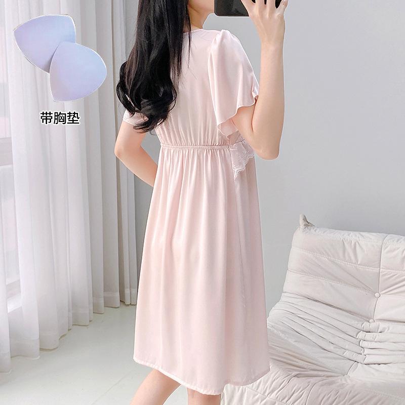 Summer padded nightdress for women, palace-style short-sleeve pajamas, lace, cute loose mid-length skirt, solid color loungewear