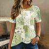Damen Kurzarm Rundhals Oberteil Blumenprint Knopfdetail Lässiges T-Shirt Bluse Leichter Weicher Stoff Patchwork Design