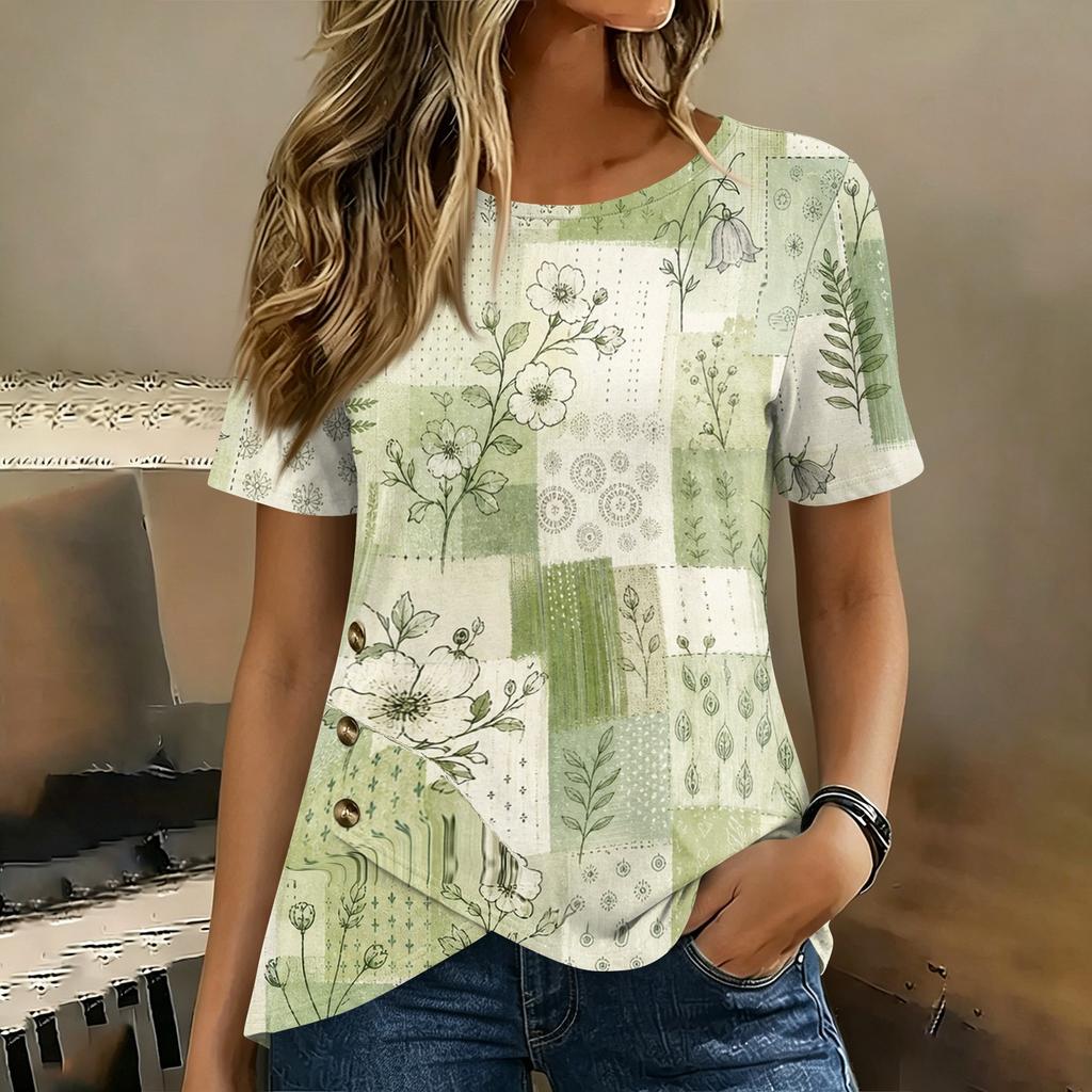 Damen Kurzarm Rundhals Oberteil Blumenprint Knopfdetail Lässiges T-Shirt Bluse Leichter Weicher Stoff Patchwork Design