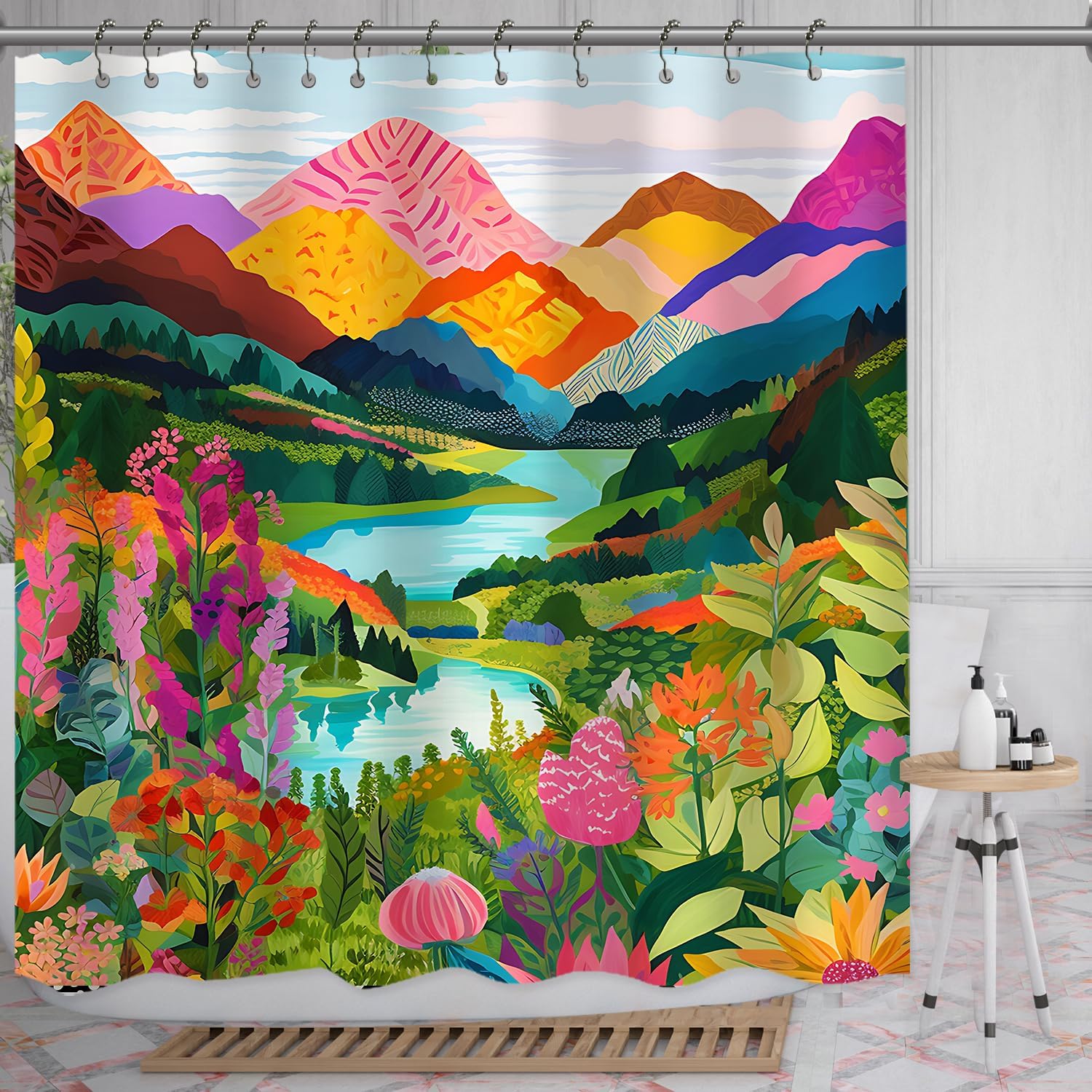 

She Love Colorful Landscape Mountain Shower Curtain Nature Abstact Forest Lake Watercolor Art Painting Green Shower Curtains wit 90x180cm