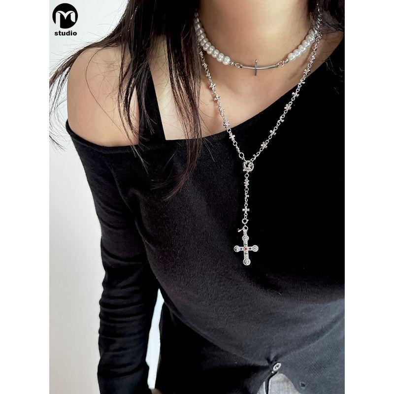 Fashion Vintage Cross Pearl Choker Necklace Stylish Y2g Sweater Chain Sexy Double Layer Twin Clavicle Chain