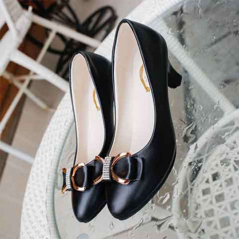 Spring and Autumn Versatile Single Shoes Women's High Heels Black and White Work Shoes High Heels Medium Heel Bow Women's Thick Heels Women's Shoes