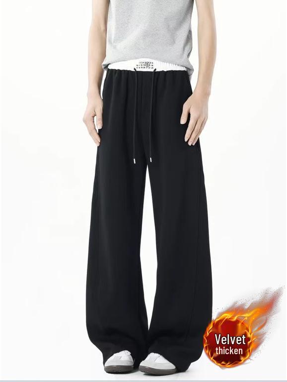 Men's Fleece-Lined Straight Leg Sweatpants - Solid Color, Loose Fit, Autumn/Winter Casual Style