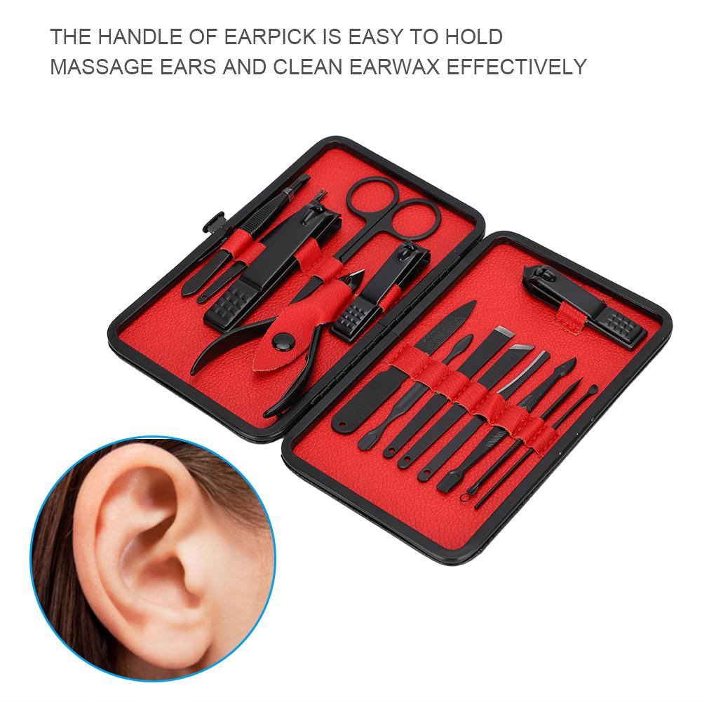 15pcs Stainless Steel Manicure Tool Set Nail Clippers File Dead Skin Remover Kit Black