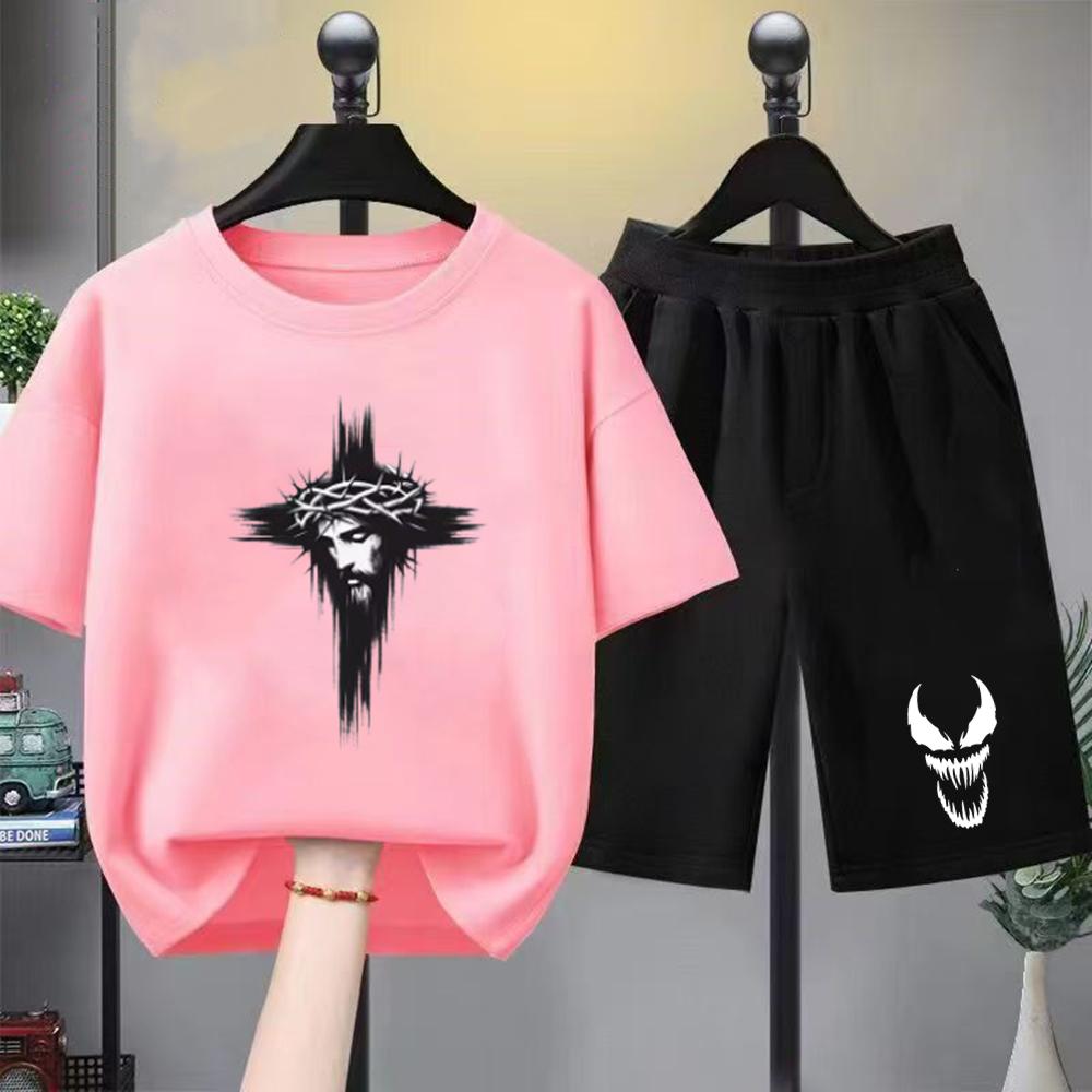 Hip Fashion Hop Trend Street Art Print Summer T-shirt+shorts Boy Black Girl Sets T-shirt kids Tops Casual Tees round neck-Neck