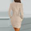 Women's Solid Color Long-sleeved Cross V-neck Sexy Bag Hip Slim Shiny Evening Knee-length Dress