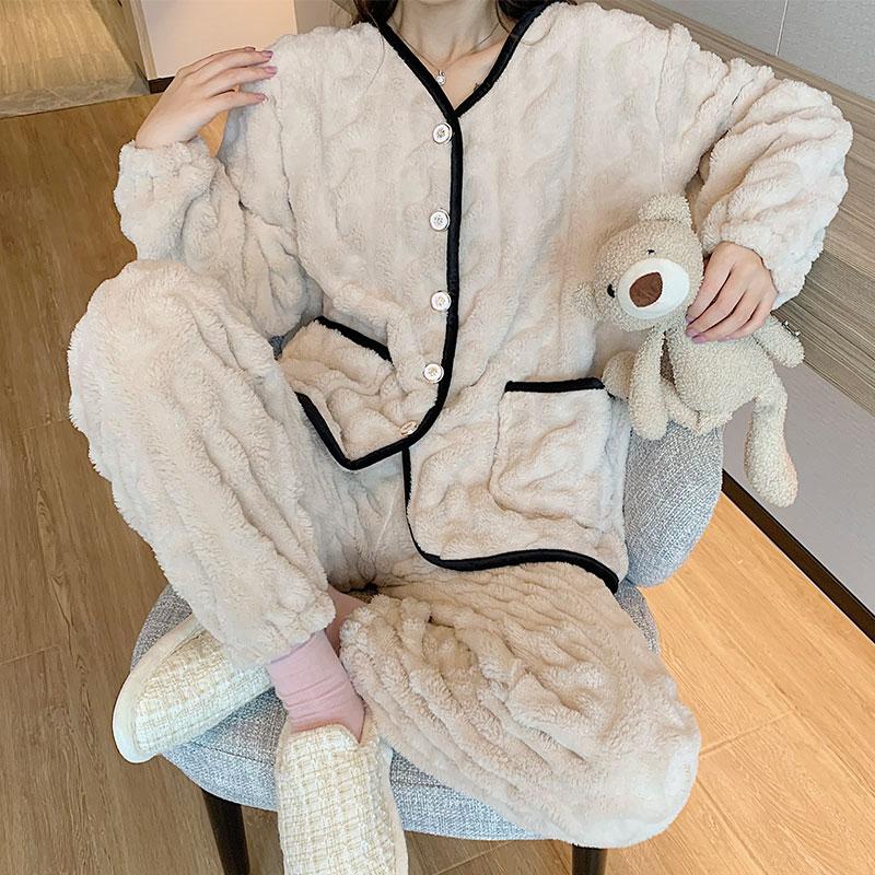 Ladies Pyjama Women Winter Flannel Pajama Set Fleece Pajamas Sleepwear Thick Warm Velvet Female Homewear Suit Cute Sweet Pijama