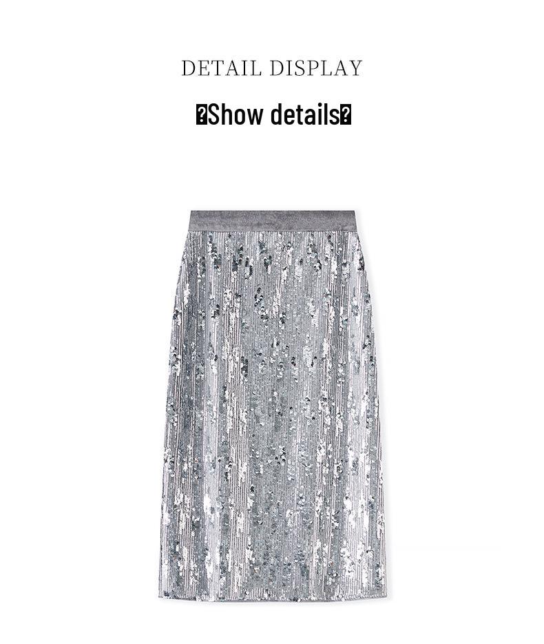 Dazzling Silver Sequin High-Waist Midi Skirt for Women - Autumn Fashion