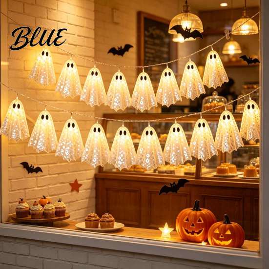 Modern Halloween Home Atmosphere Decoration String Lights with Sequin Fabric Decor Battery Operated Party Porch Decorations 10 White Ghost for Patio