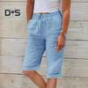 Damen Sommer Shorts Elastischer Bund Verstellbarer Kordelzug Freizeithose mit Taschen Einfarbig Lockere Passform Knielange Hose