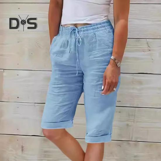 Women Summer Shorts Elastic Waistband Adjustable Drawstring Casual Pants with Pockets Solid Color Loose Fit Knee-length Pants