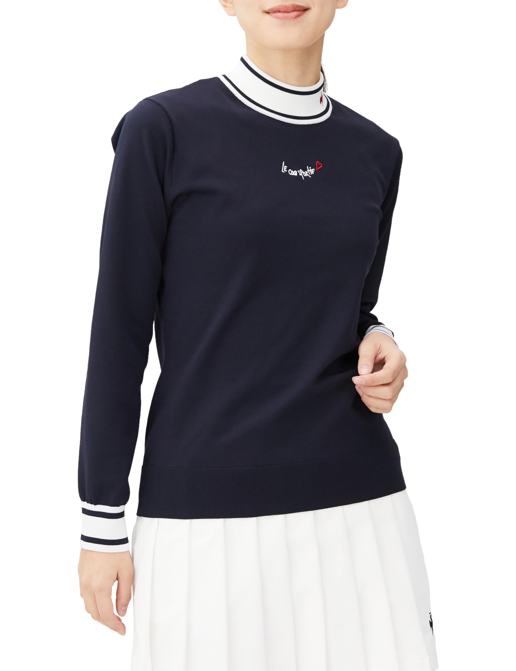 

Coq Sportif Handwritten Logo Mock Sweat Hand Golf QGWXJL00 NV00 [Le Golf] Sweater, Embroidery, Neck, Summer, Absorbent, Washable, Women s (Navy)