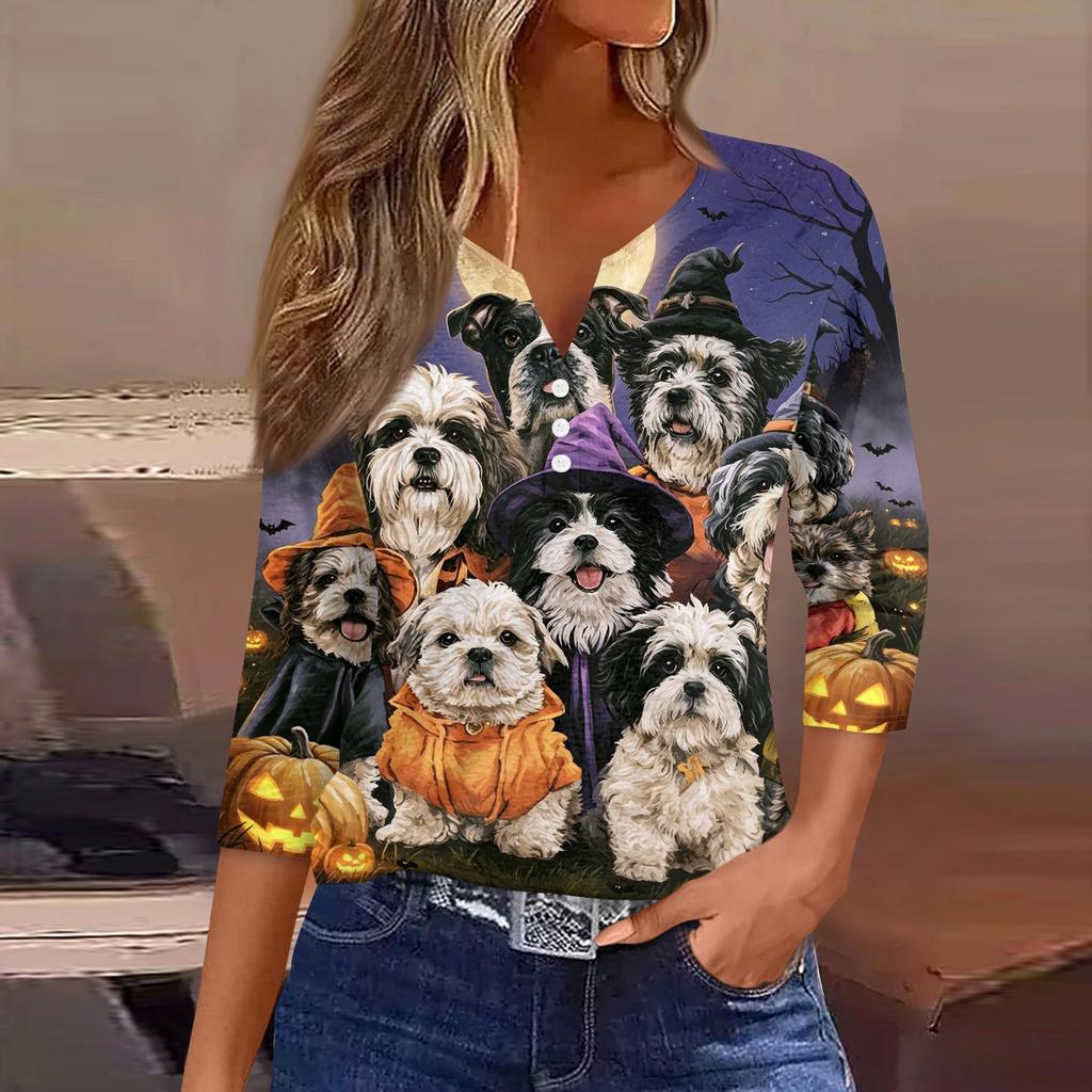 Women's Casual Halloween Print V-Neck Button Three-Quarter Sleeve Pullover T-Shirt