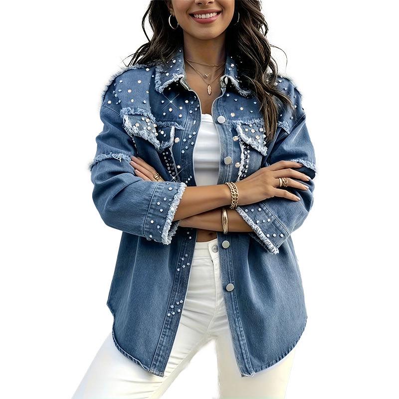 Beaded Long Lapel Oversize Blue Denim Jacket for Women