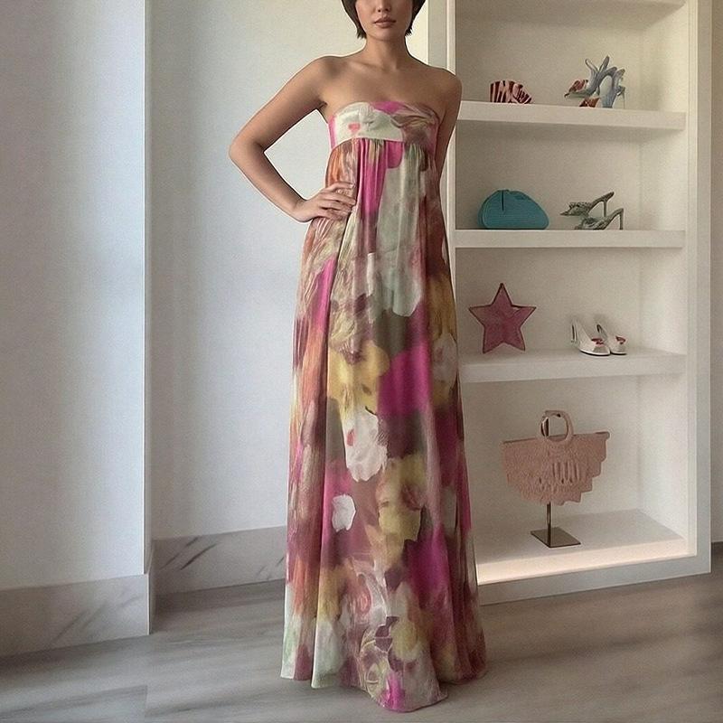 European and American women's clothing, summer new printed tube top dress, fashionable holiday style backless dress