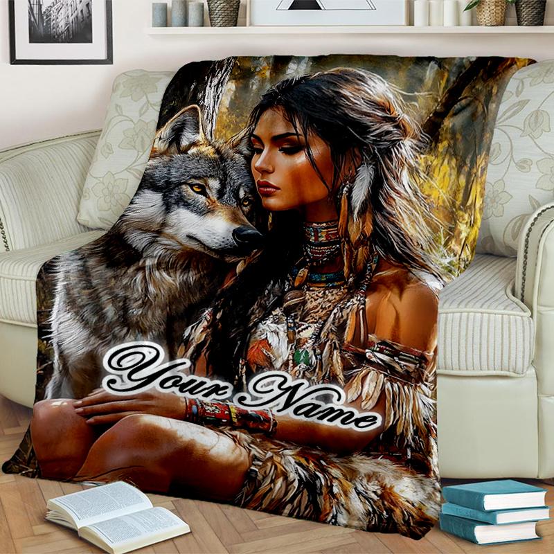 1PC Custom Name Wolf Native Beauty flannel blanket versatile,all-season throw suitable for the living room,bedroom,camping,travel,and gift