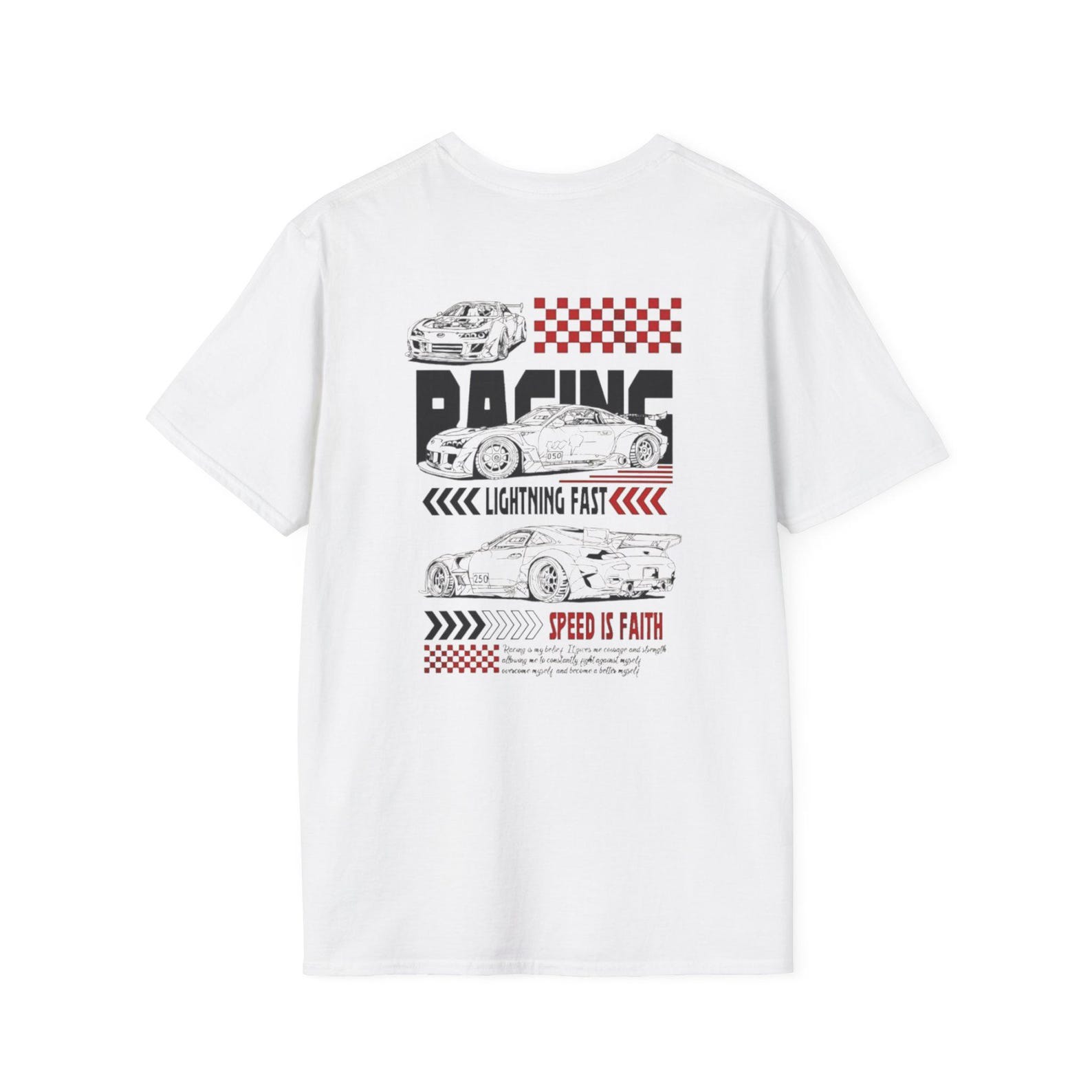 Blank White T-Shirt with Cars and Red Graphic L