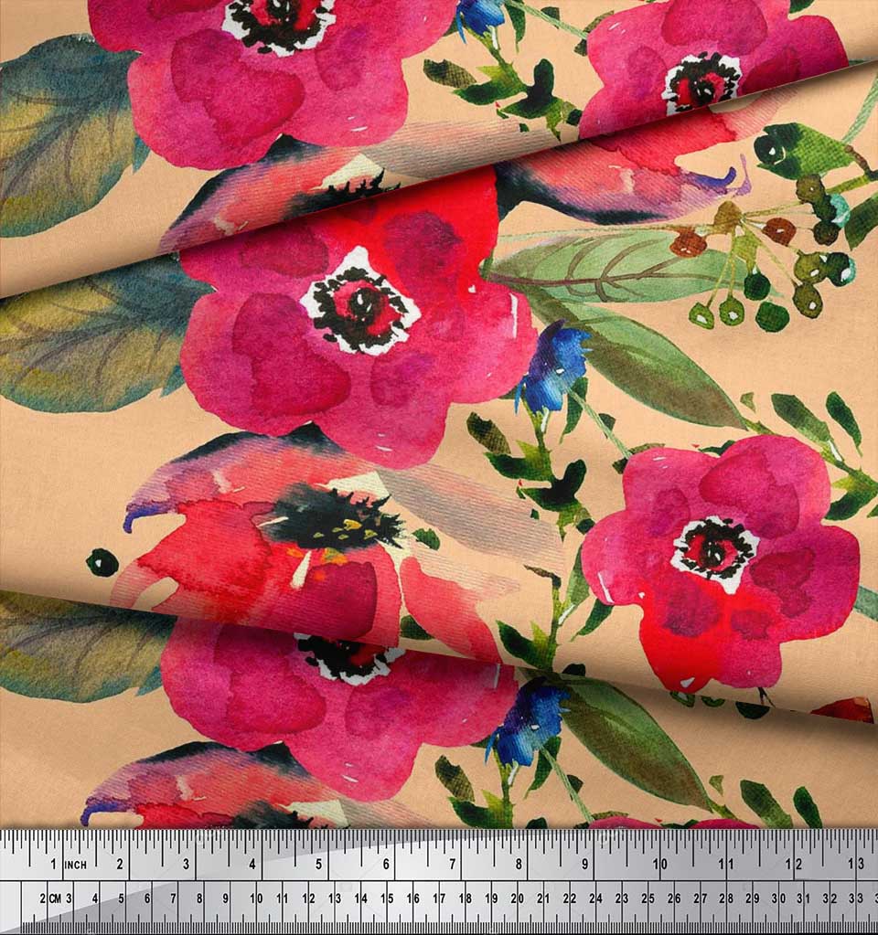 Soimoi Japan Crepe Satin Fabric Leaves & Poppy Flower Print Sewing Fabric Metre 42 Inch